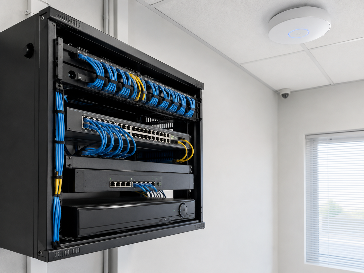 Rack corporativo com cabeamento organizado em patch panels